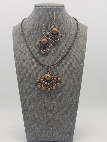 Unakite Copper Pendant & Earrings Set - jewelry