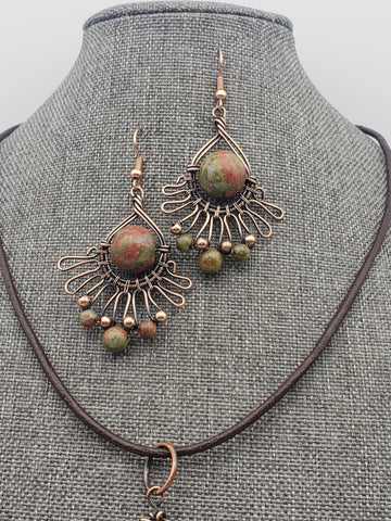 Unakite Copper Pendant & Earrings Set - jewelry